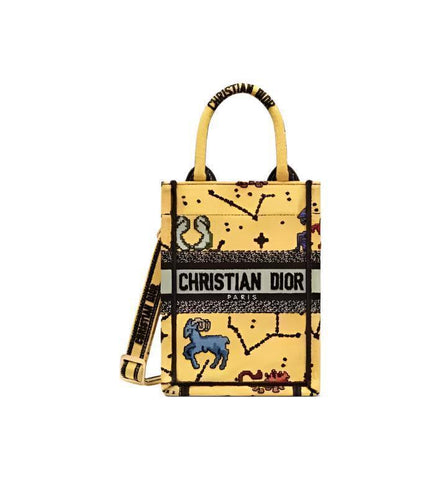 Christian Dior Canvas Embroidered Pixel Zodiac Mini Book Tote Phone Bag in Latte Multicolor - Banlieue91