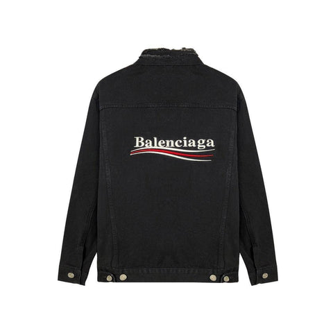 Balenciaga Black Embroidered Political Logo Denim Jacket - Banlieue91