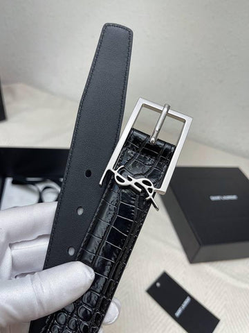 Saint Laurent Classic Monogram Square Buckle Belt Crocodile Embossed Leather - Banlieue91