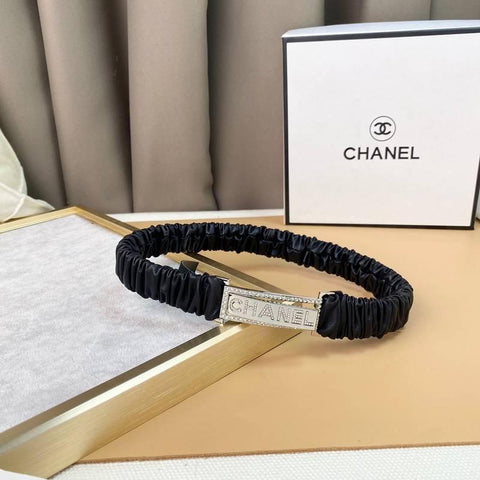 Chanel Logo Buckle Elastic Belt Leather with Metal and Crystals 'Black' - Banlieue91