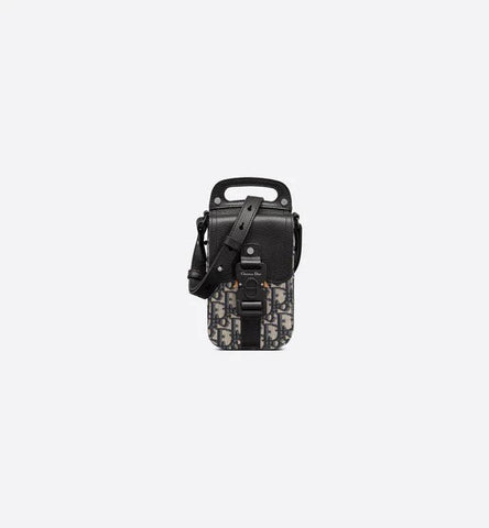 Saddle Vertical Pouch with Strap Beige and Black Dior Oblique Jacquard with Black Grained Calfskin - Banlieue91