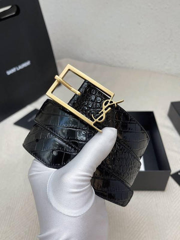 Saint Laurent Classic Monogram Square Buckle Belt Crocodile Embossed Leather - Banlieue91