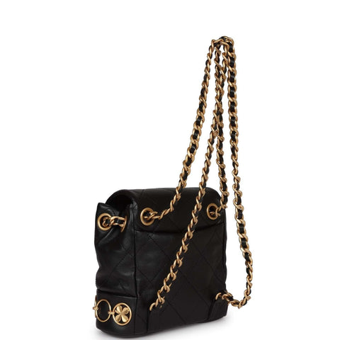 Chanel Small Charm Backpack Black Calfskin Aged Gold Hardware - Banlieue91