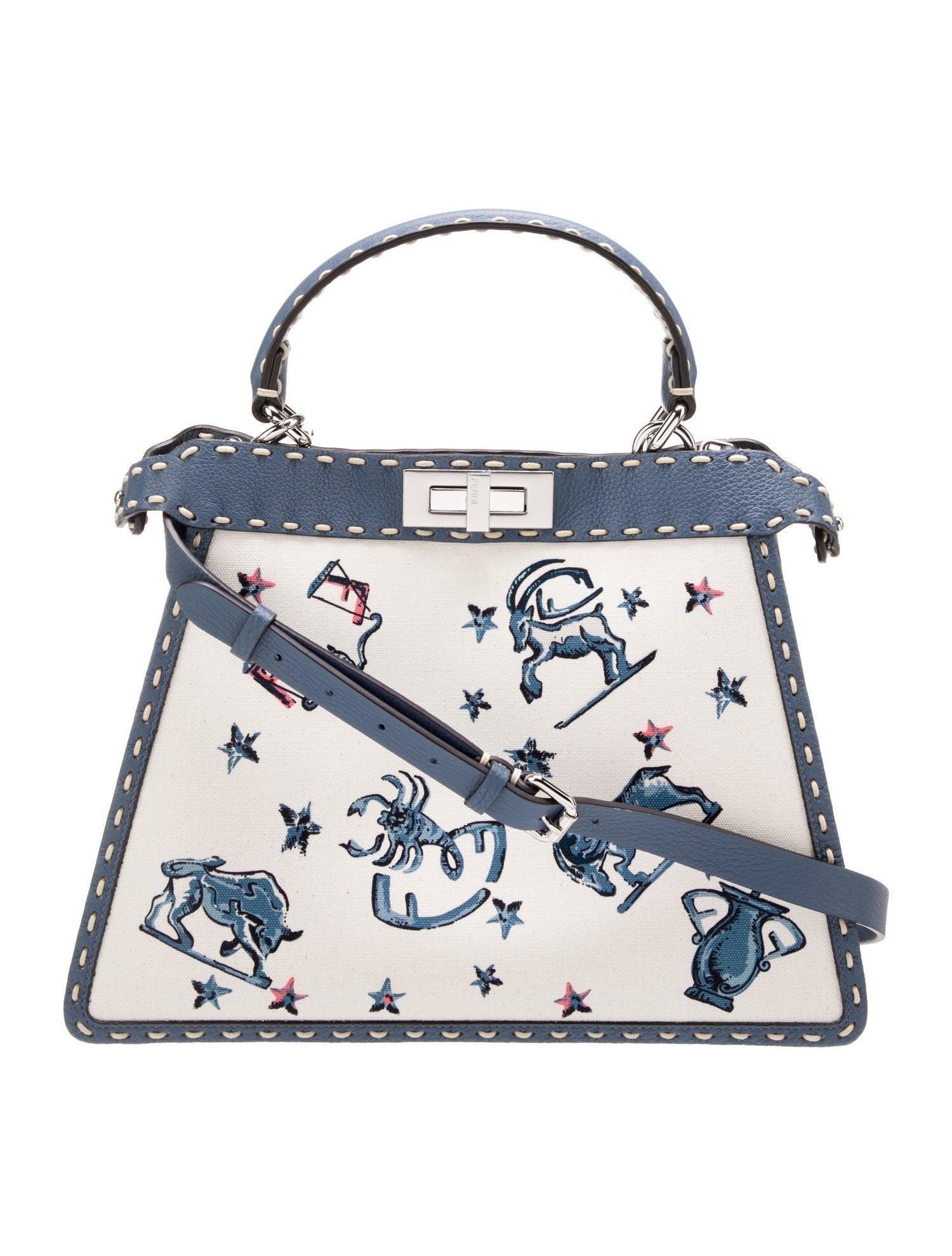 Fendi Cream Leather Astrology Embroidered Canvas Mini Peekaboo Top Handle - Banlieue91