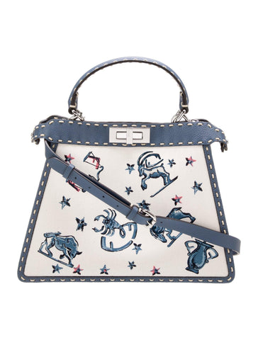 Fendi Cream Leather Astrology Embroidered Canvas Mini Peekaboo Top Handle - Banlieue91