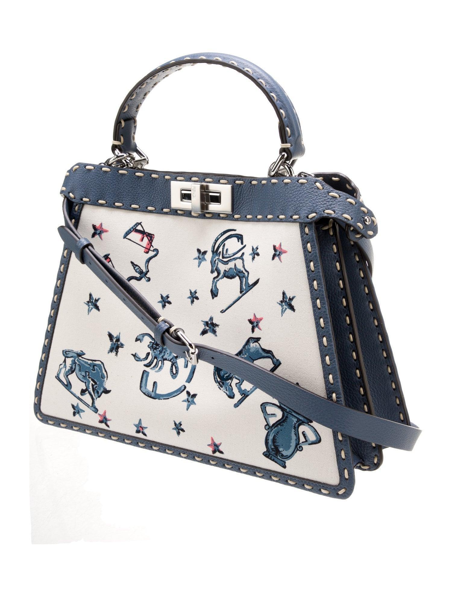 Fendi Cream Leather Astrology Embroidered Canvas Mini Peekaboo Top Handle - Banlieue91