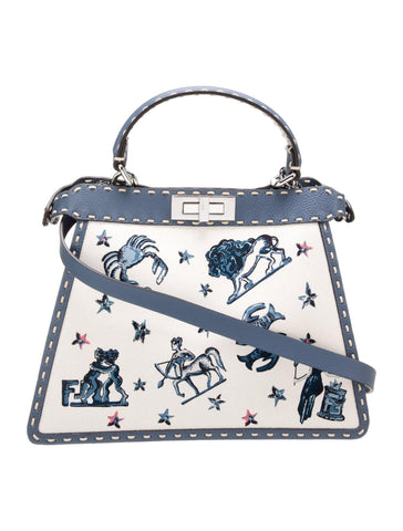 Fendi Cream Leather Astrology Embroidered Canvas Mini Peekaboo Top Handle - Banlieue91