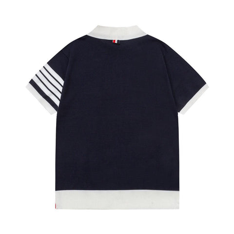 Thom Browne Navy Blue & White T-Shirt with Collar - Banlieue91