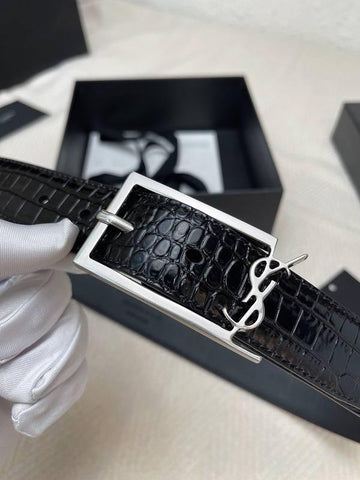 Saint Laurent Classic Monogram Square Buckle Belt Crocodile Embossed Leather - Banlieue91