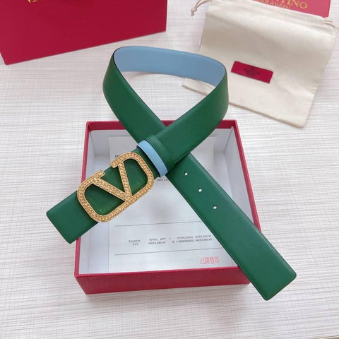 Valentino V logo Hammered Buckle Reversible Wide Signature Belt 'Green/Sky Blue' - Banlieue91
