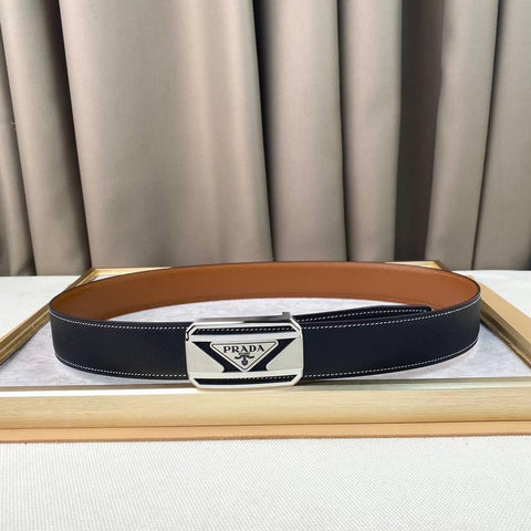 Prada Leather Belt Brushed Silver Buckle 'Black' - Banlieue91
